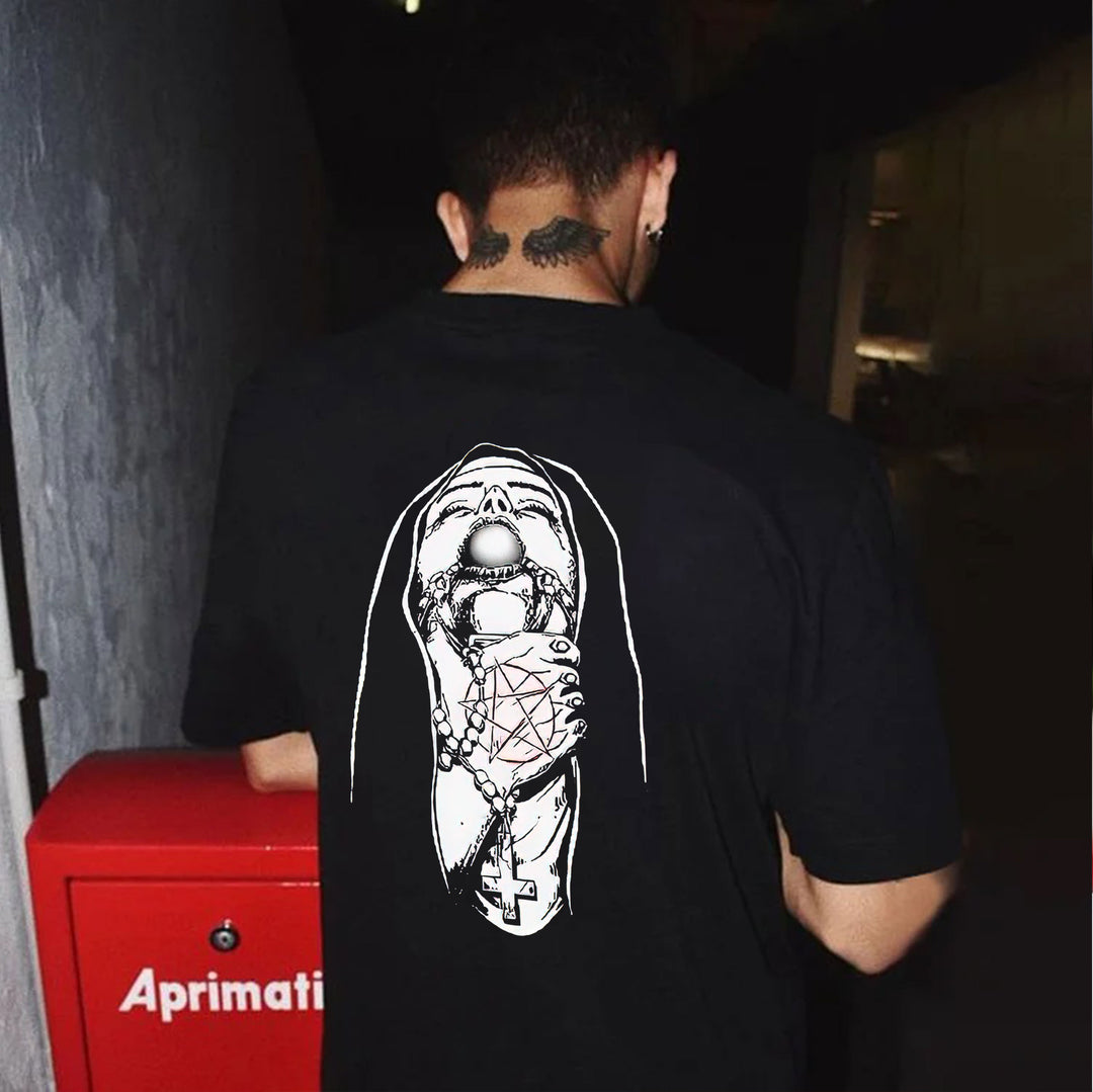 Chokehold Nun Religious Pattern Casual Black Print T-shirt