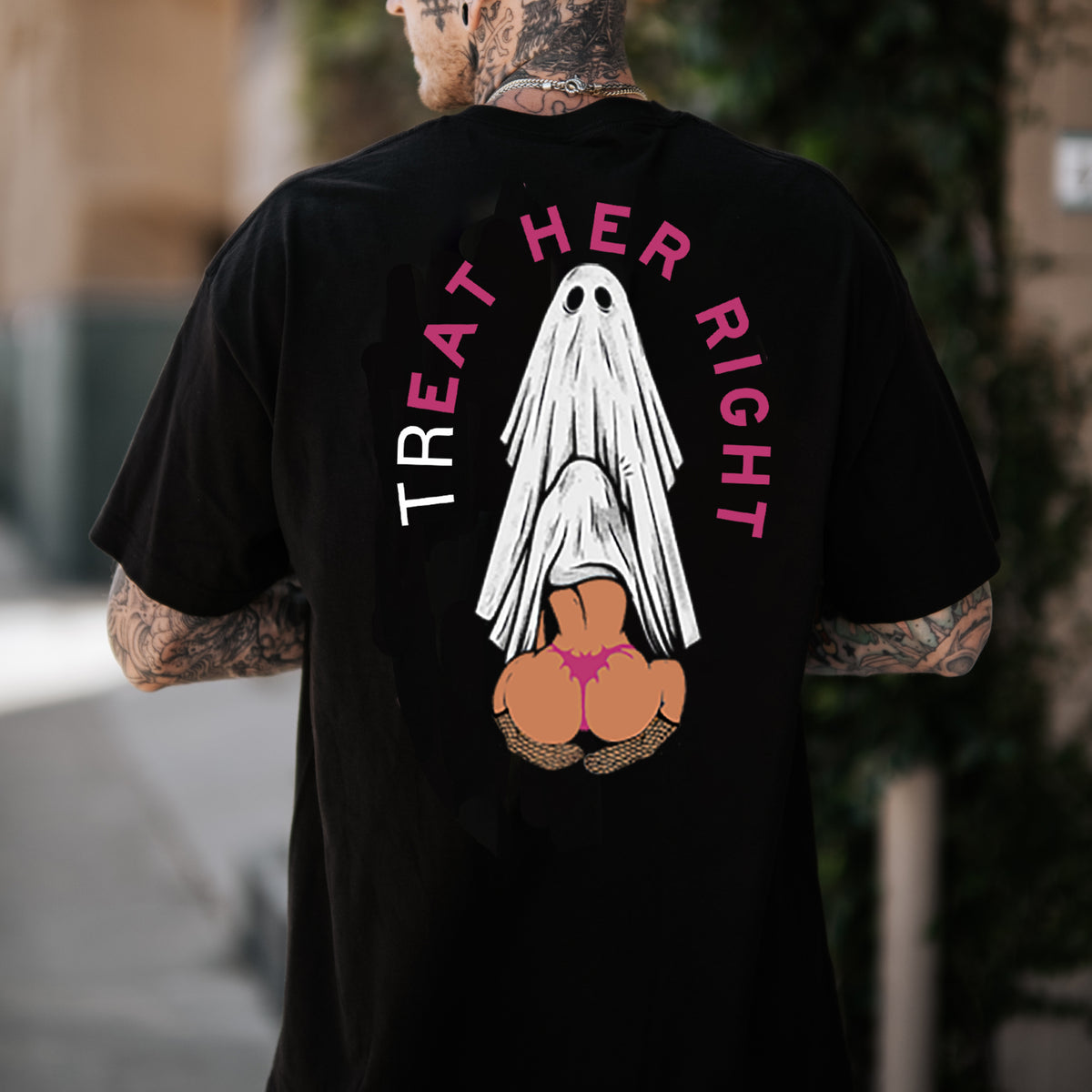 TREAT HER RIGHT Sexy Lady Ghost Graphic Casual Black Print T-shirt