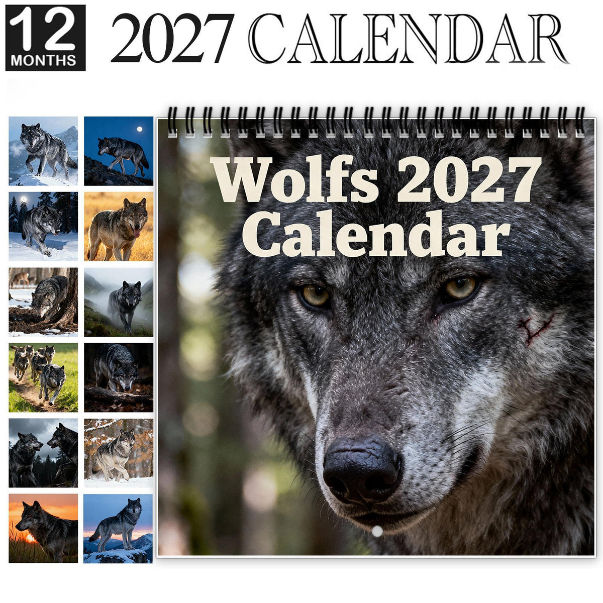 🐺 2027 Wolf Wall Calendar, 12-Month Spiral Planner
