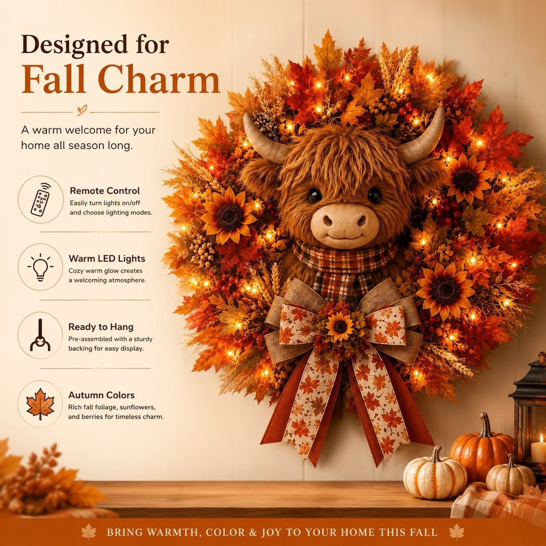 🐮Lighted Highland Cow Autumn Wreath