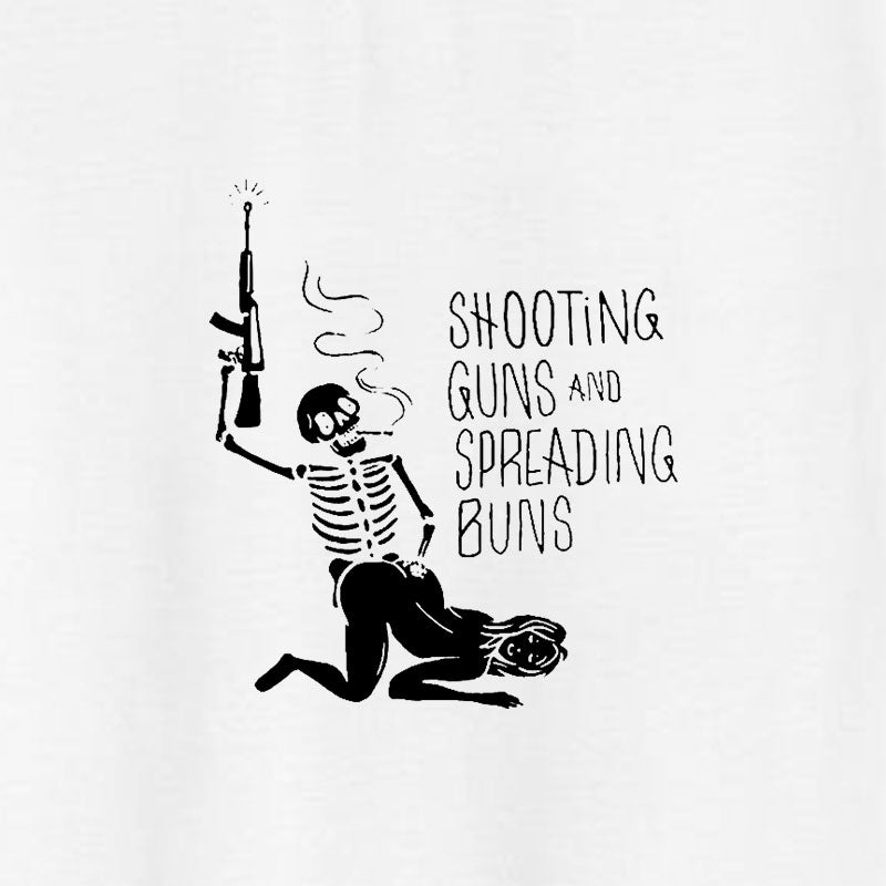 SHOOTING GUNS AND SPREADING BUNS Skull with Sexy Lady Print T-shirt