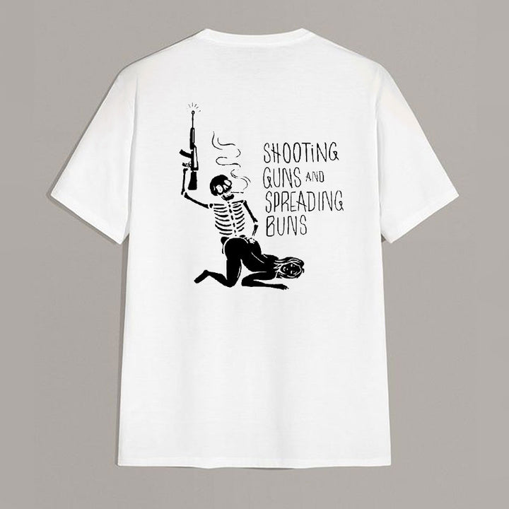 SHOOTING GUNS AND SPREADING BUNS Skull with Sexy Lady Print T-shirt