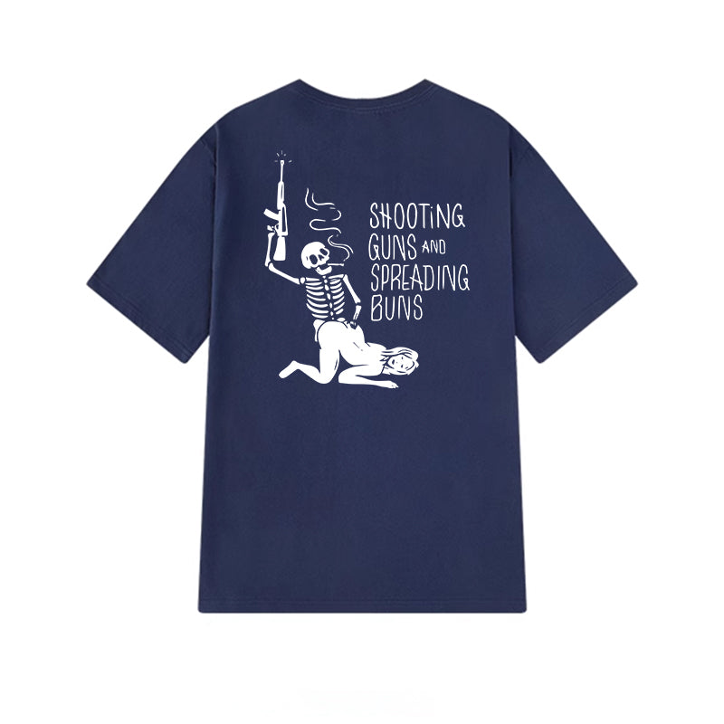 SHOOTING GUNS AND SPREADING BUNS Skull with Sexy Lady Print T-shirt