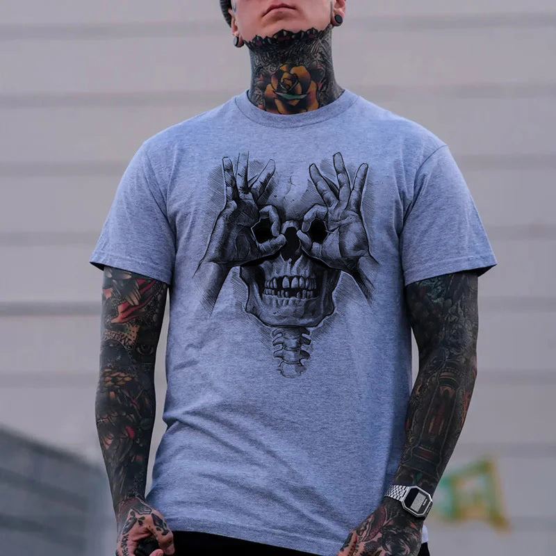 Skull with OK Pattern Graphic Casual Black Print T-shirt