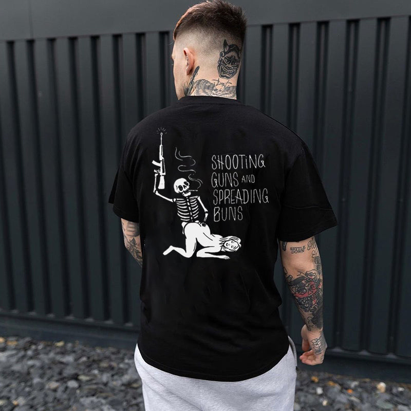 SHOOTING GUNS AND SPREADING BUNS Skull with Sexy Lady Print T-shirt