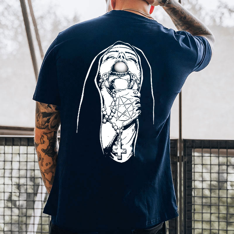 Chokehold Nun Religious Pattern Casual Black Print T-shirt