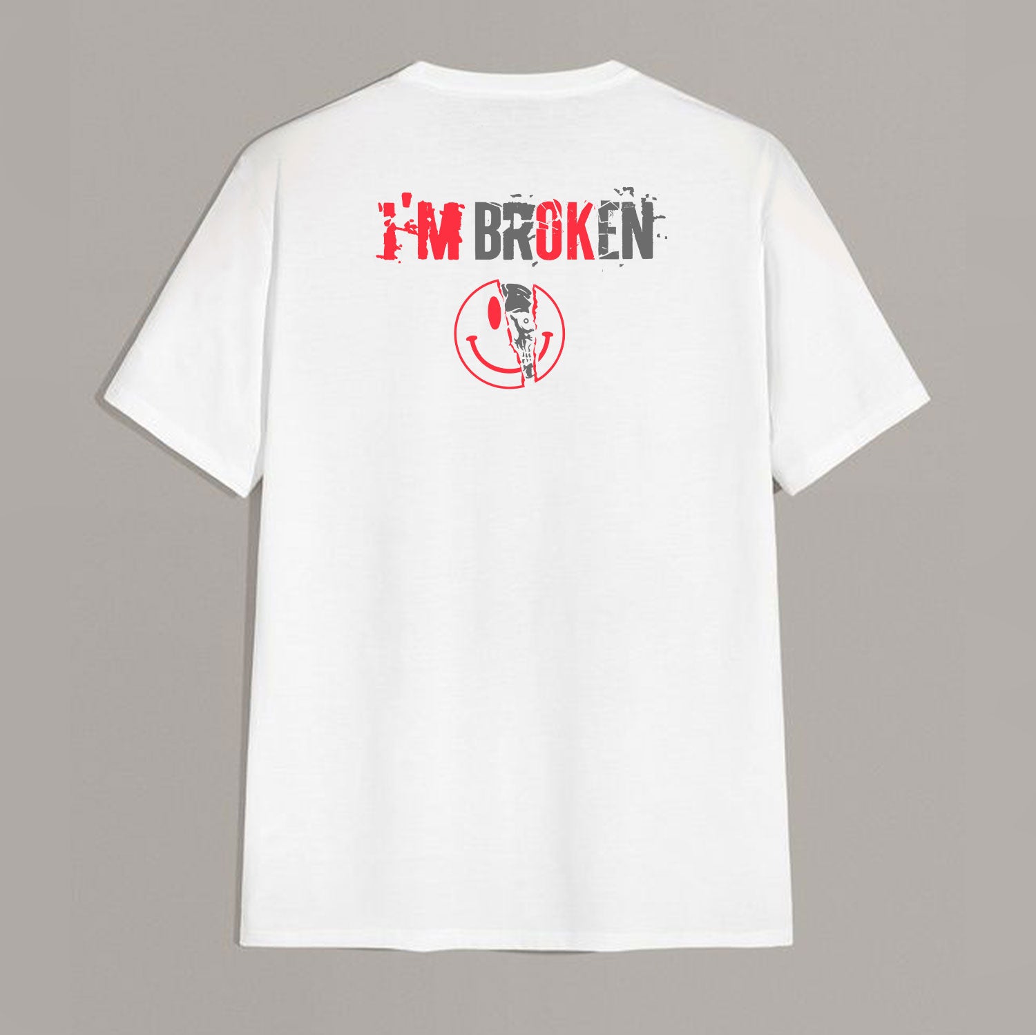 I'M BROKEN and Smiling Face Skull Graphic Casual Black and White Print T-shirt