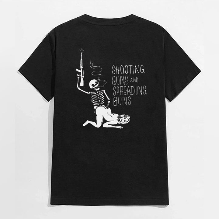 SHOOTING GUNS AND SPREADING BUNS Skull with Sexy Lady Print T-shirt
