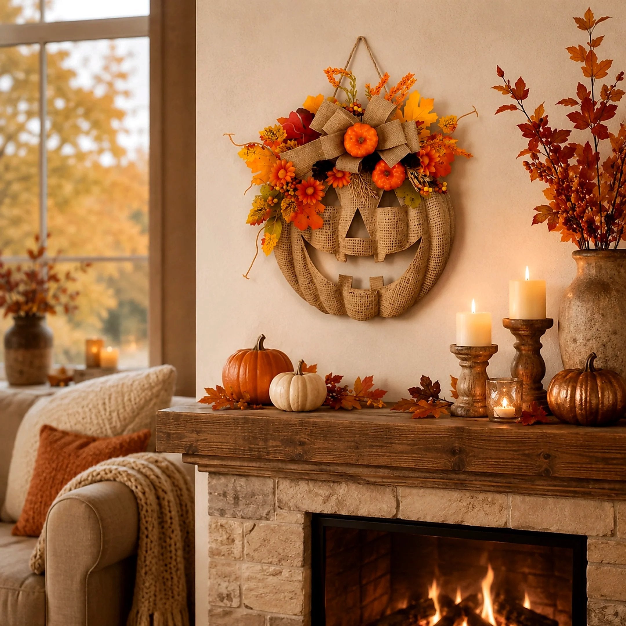 🎃✨ Lighted Burlap Pumpkin Wreath