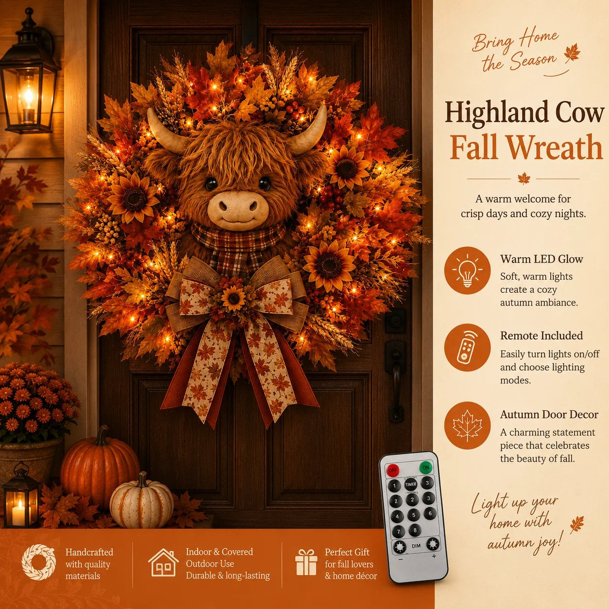 🐮Lighted Highland Cow Autumn Wreath