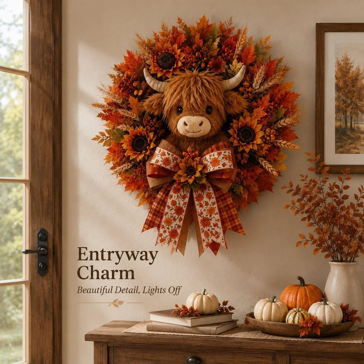 🐮Lighted Highland Cow Autumn Wreath