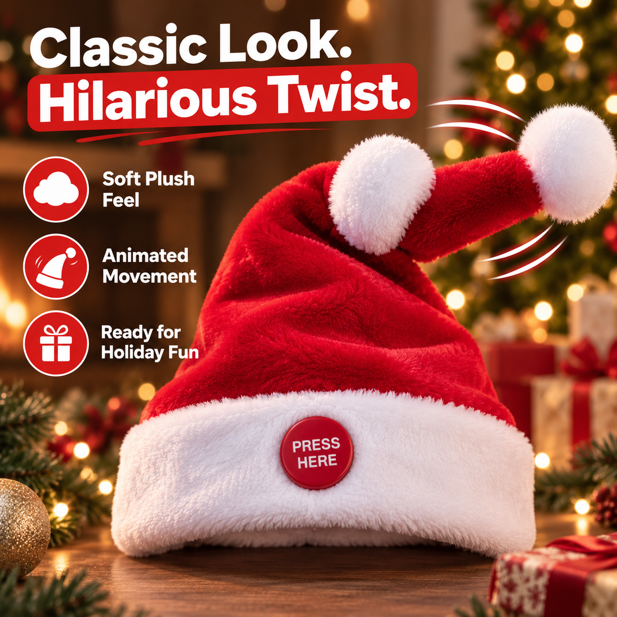🎅 Funny Moving Santa Hat – Fun Christmas Party Accessory