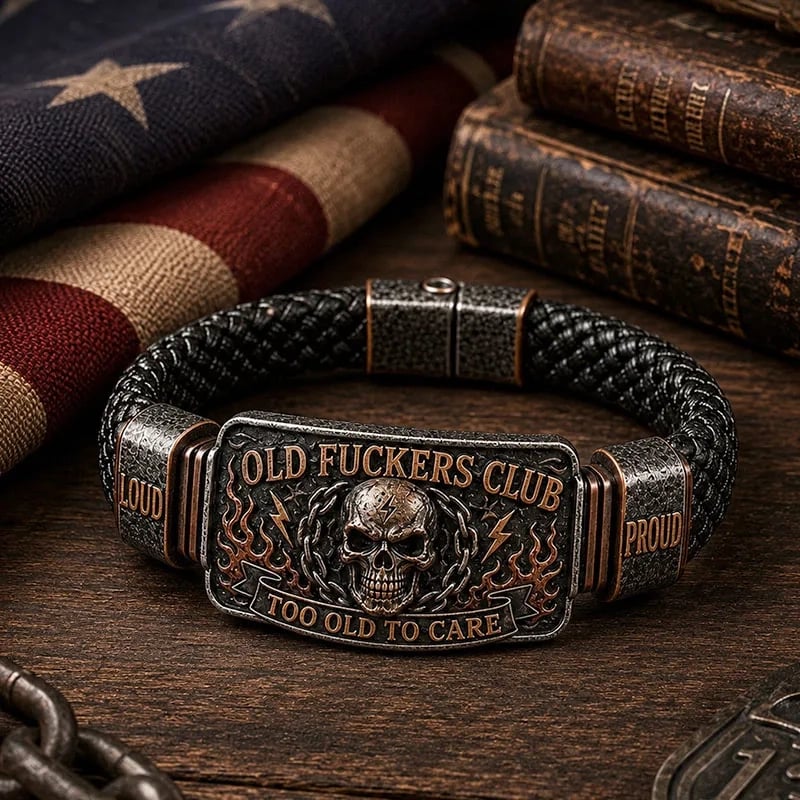 💀Old Fuckers Club Vintage Skull Flame Biker Braided Bracelet