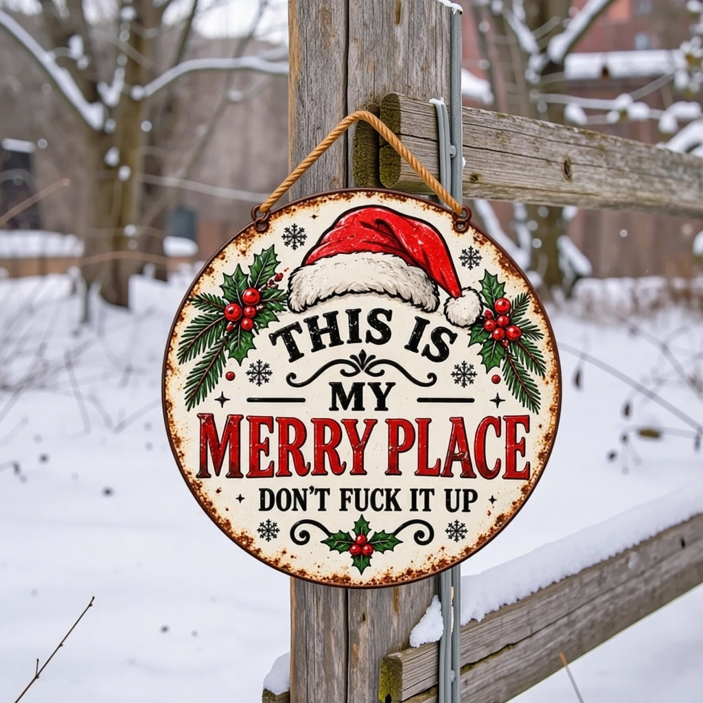 🎄🏡 This Is My Merry Place — Vintage Christmas Hanging Sign with Santa Hat & Holly