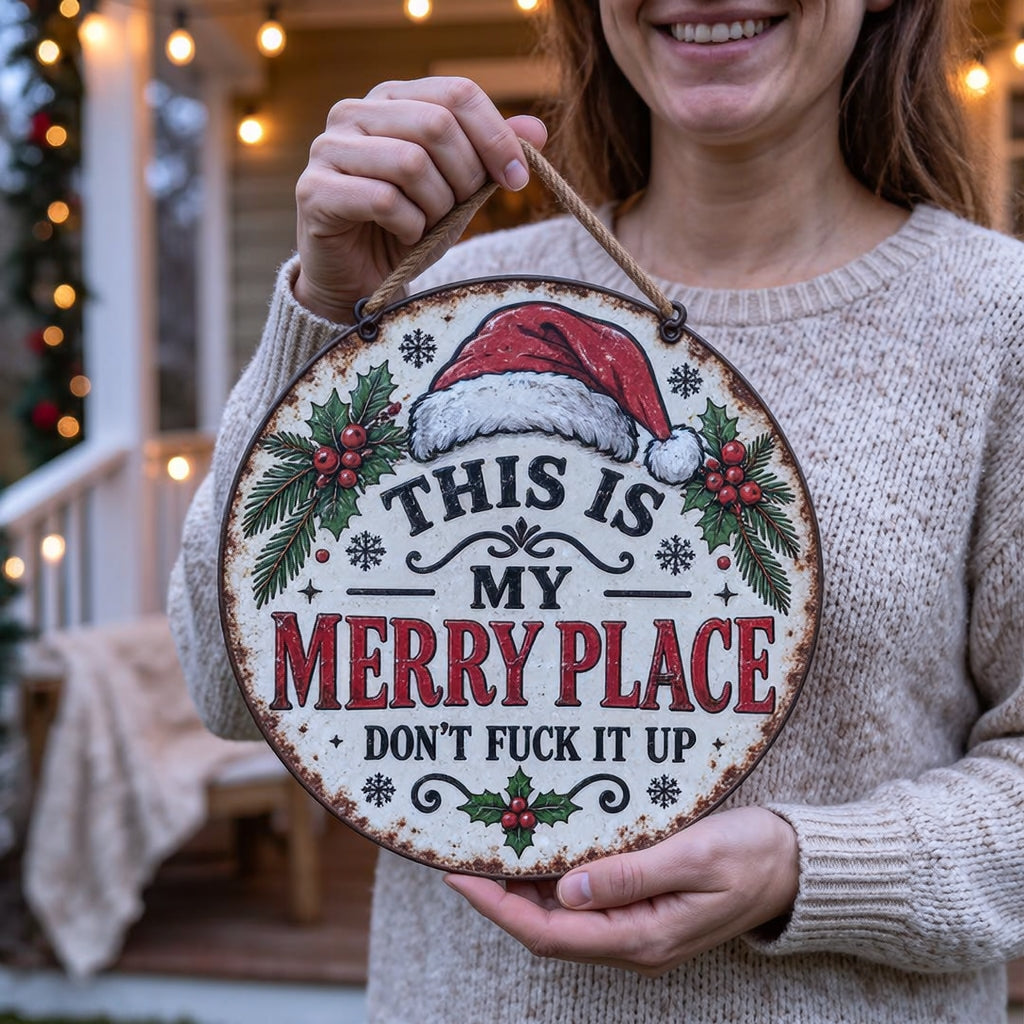 🎄🏡 This Is My Merry Place — Vintage Christmas Hanging Sign with Santa Hat & Holly