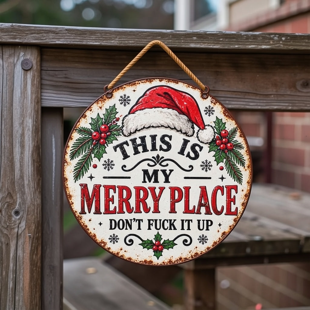 🎄🏡 This Is My Merry Place — Vintage Christmas Hanging Sign with Santa Hat & Holly
