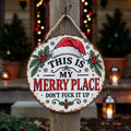 🎄🏡 This Is My Merry Place — Vintage Christmas Hanging Sign with Santa Hat & Holly