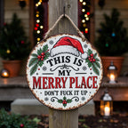 🎄🏡 This Is My Merry Place — Vintage Christmas Hanging Sign with Santa Hat & Holly