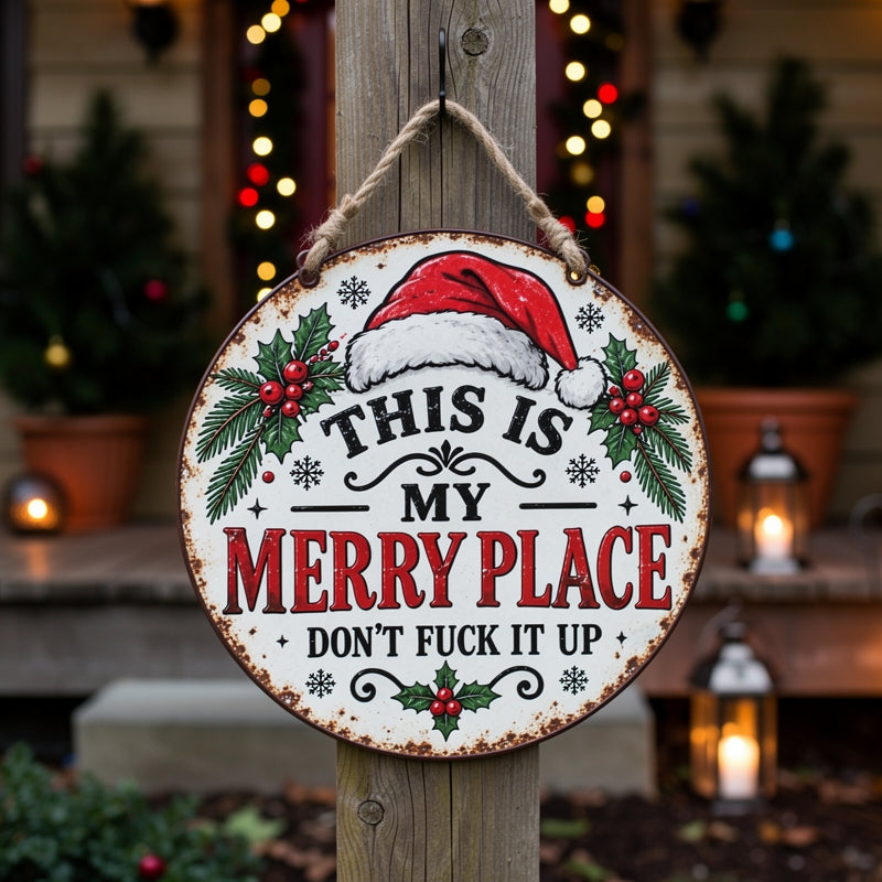 🎄🏡 This Is My Merry Place — Vintage Christmas Hanging Sign with Santa Hat & Holly