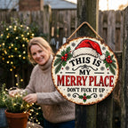 🎄🏡 This Is My Merry Place — Vintage Christmas Hanging Sign with Santa Hat & Holly