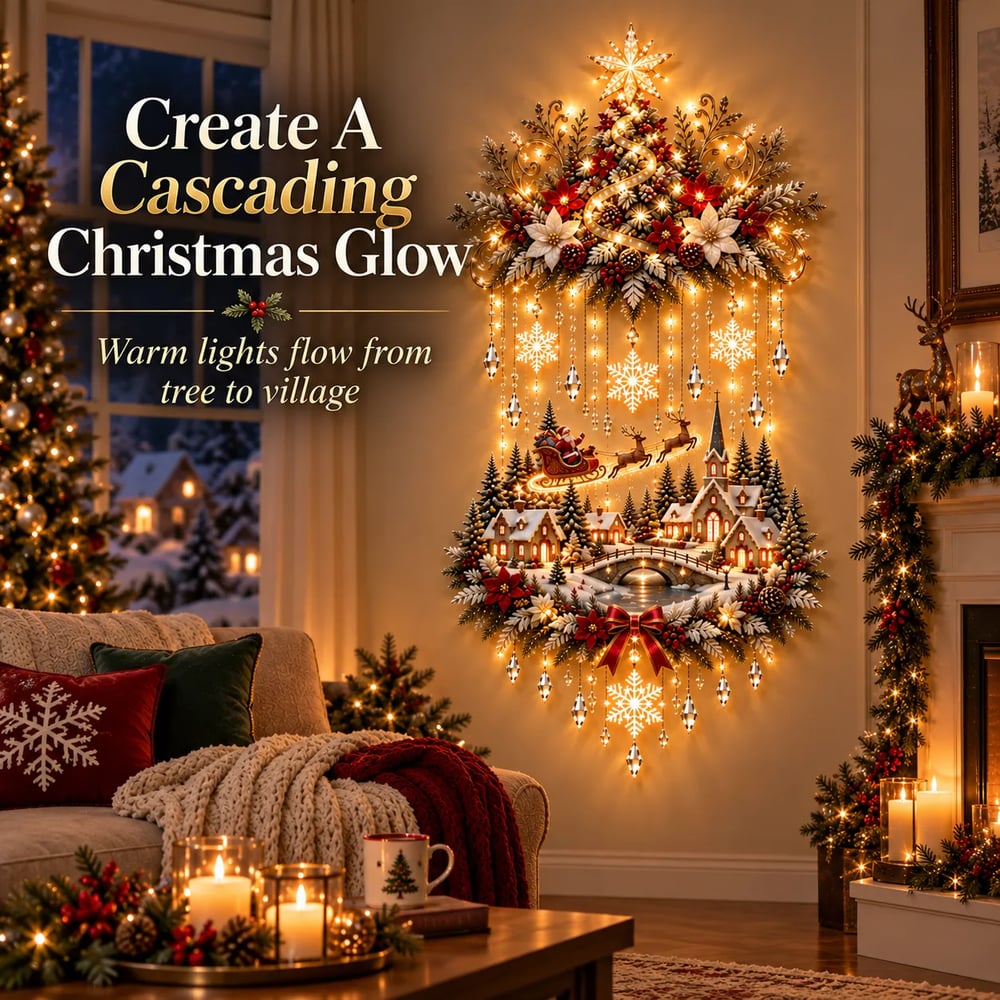 ✨Illuminated Christmas Tree & Village Wall Hanging | 🎄 Cascading Warm Lights for Living Rooms, Entryways & Staircases ✨