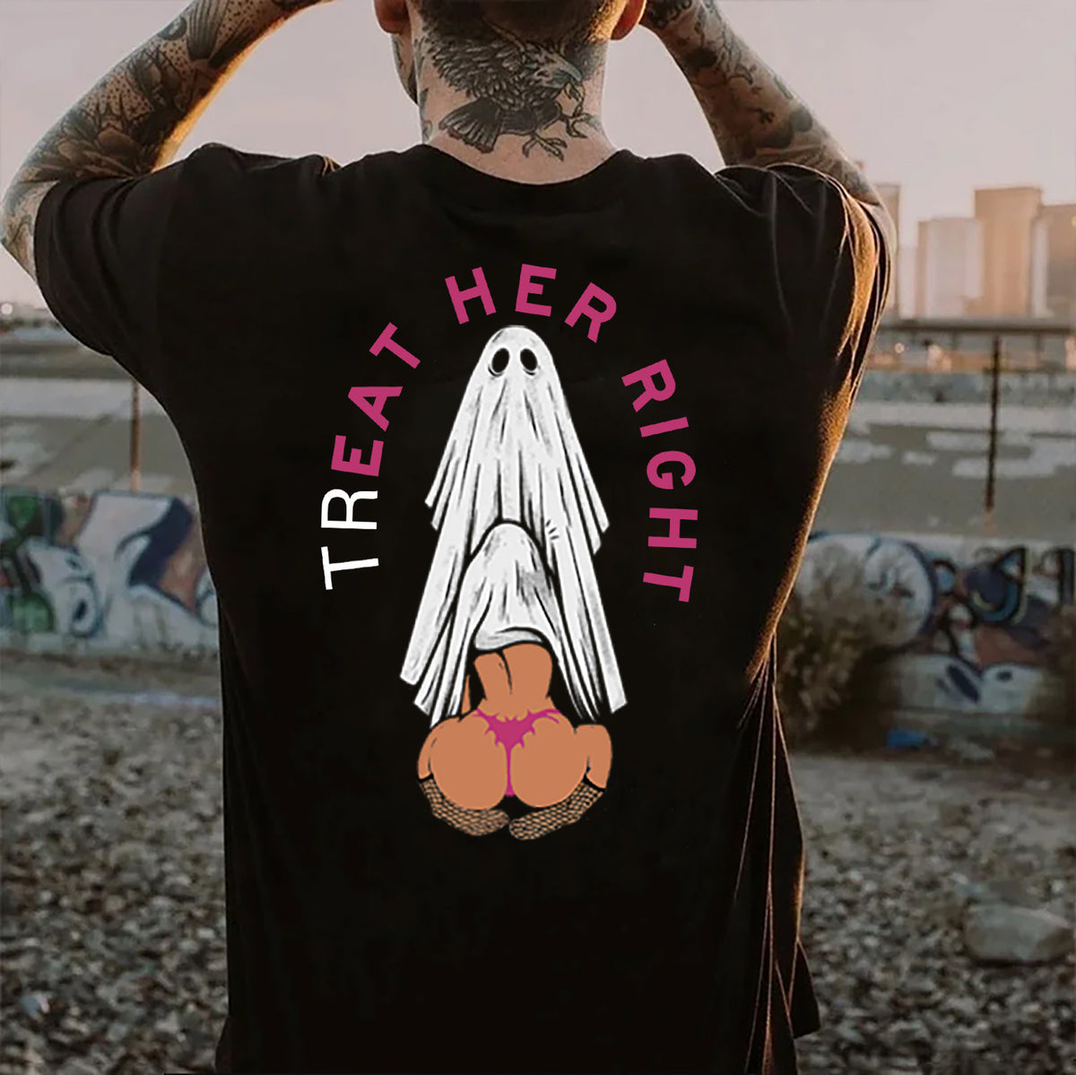 TREAT HER RIGHT Sexy Lady Ghost Graphic Casual Black Print T-shirt