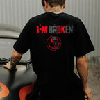 I'M BROKEN and Smiling Face Skull Graphic Casual Black and White Print T-shirt