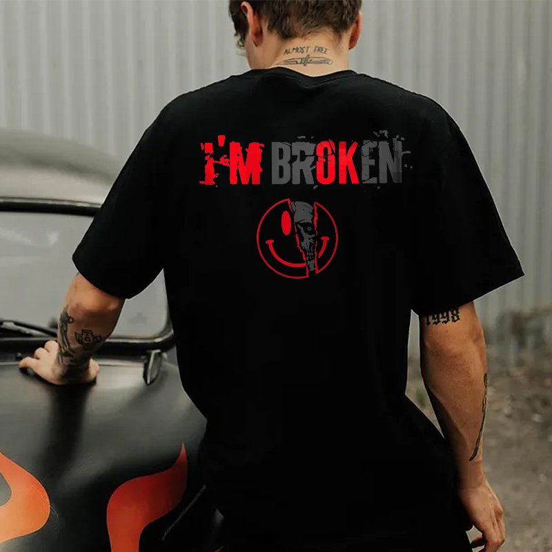 I'M BROKEN and Smiling Face Skull Graphic Casual Black and White Print T-shirt