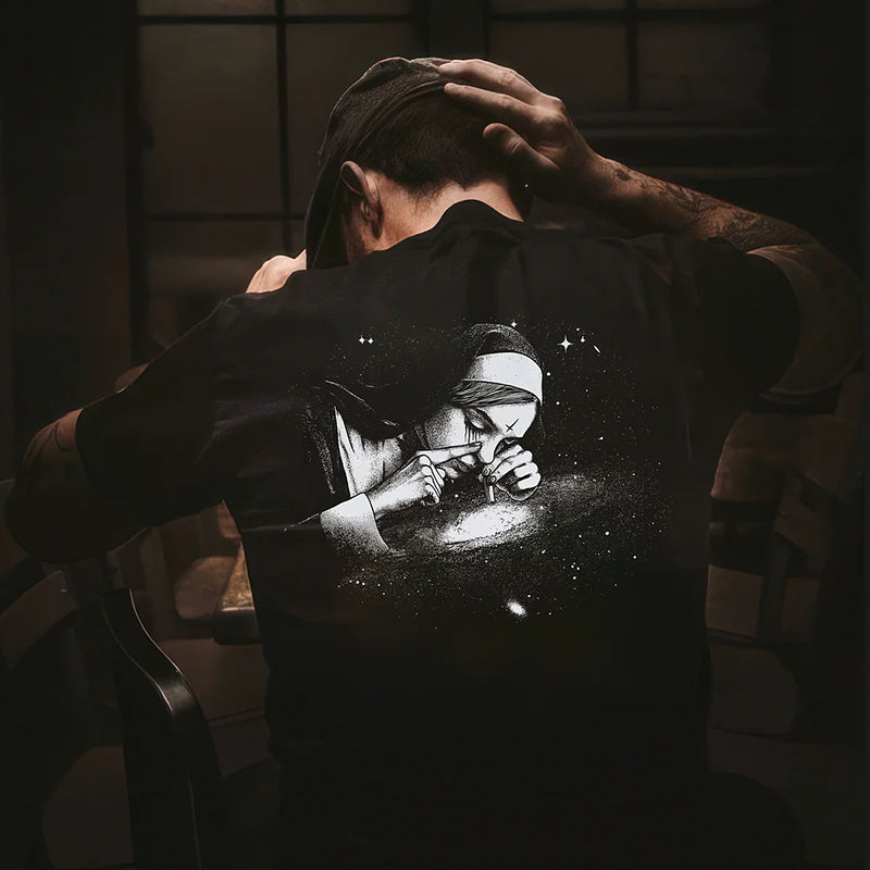 Nun Smoking Dark Style Black Print T-shirt
