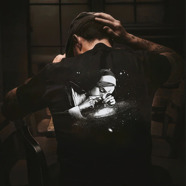 Nun Smoking Dark Style Black Print T-shirt