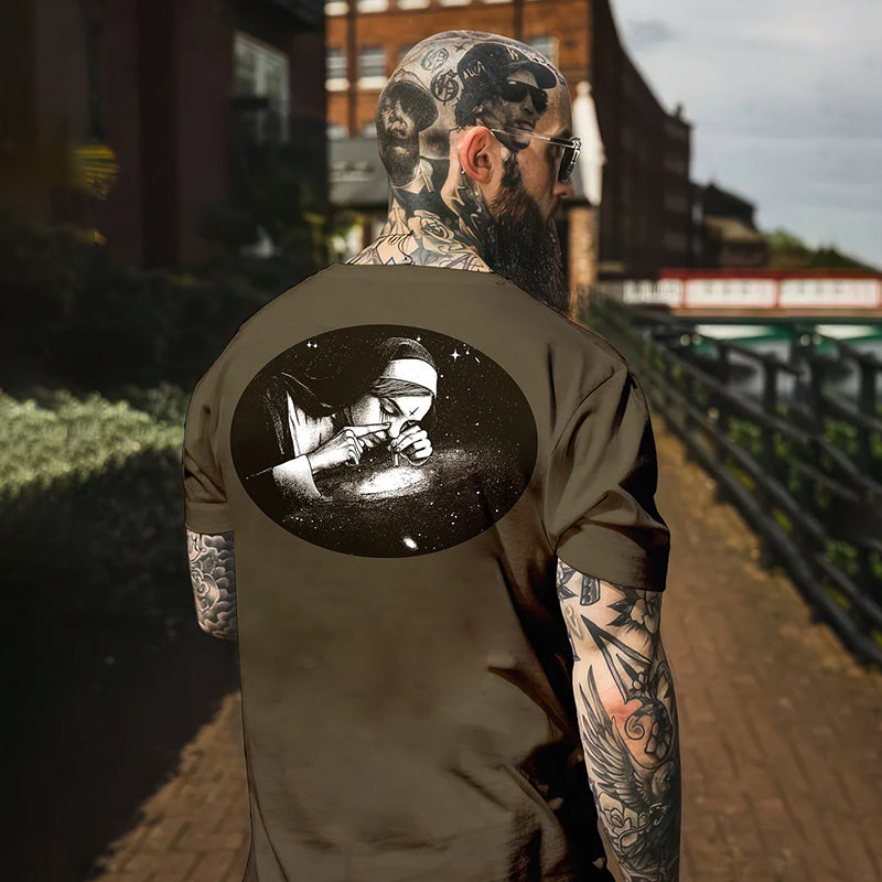 Nun Smoking Dark Style Black Print T-shirt