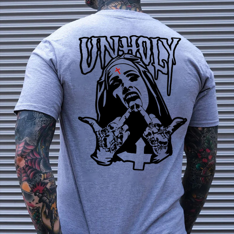 UNHOLY Nun with Crucifix on Forehead Graphic Casual Black Print T-shirt