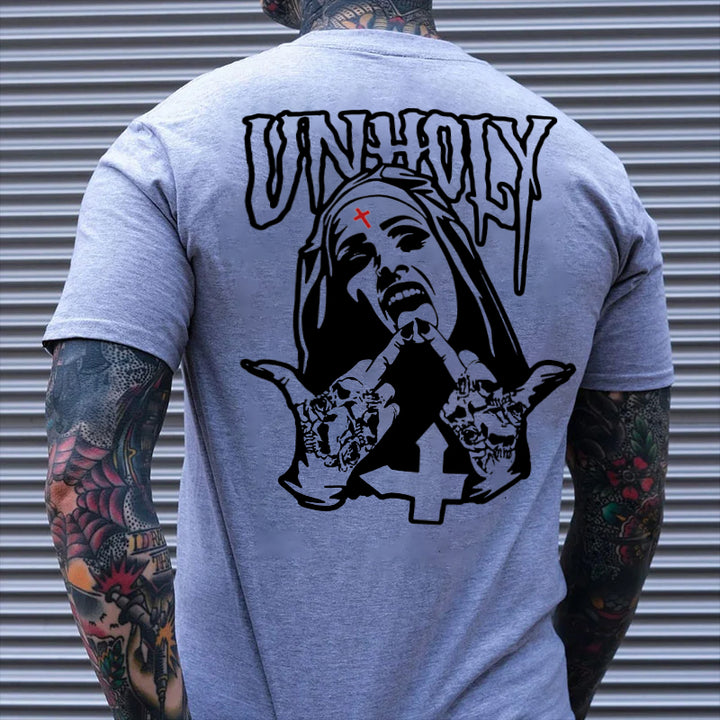 UNHOLY Nun with Crucifix on Forehead Graphic Casual Black Print T-shirt