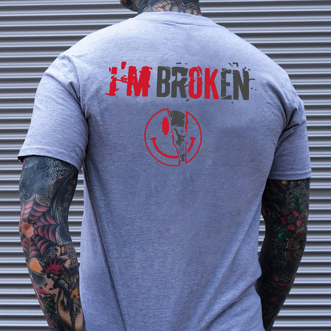 I'M BROKEN and Smiling Face Skull Graphic Casual Black and White Print T-shirt