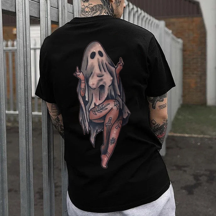 Naughty Sexy Lady Ghost with Tattoo Black Print T-shirt