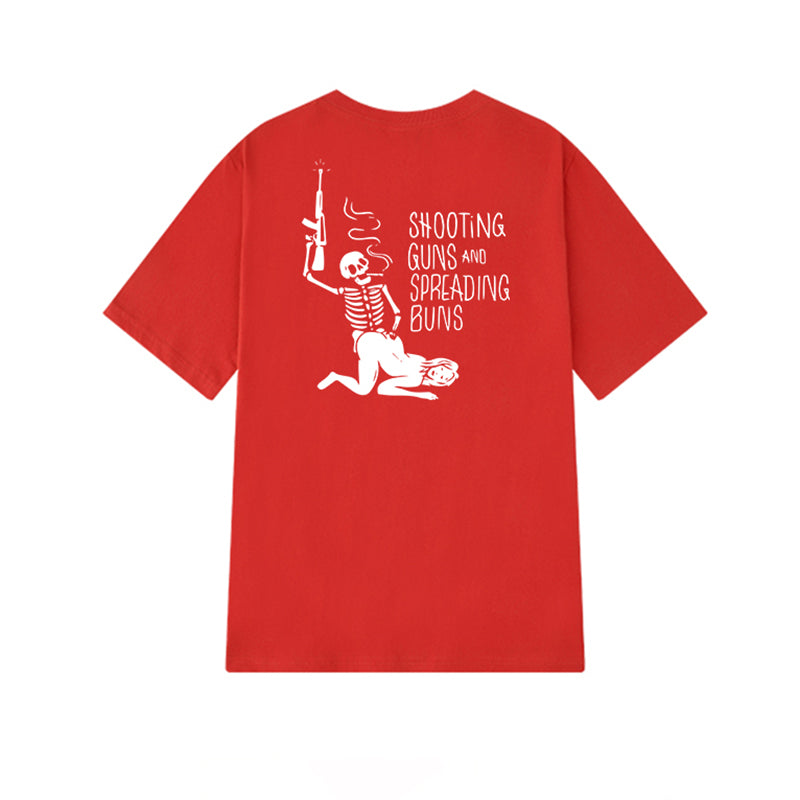 SHOOTING GUNS AND SPREADING BUNS Skull with Sexy Lady Print T-shirt
