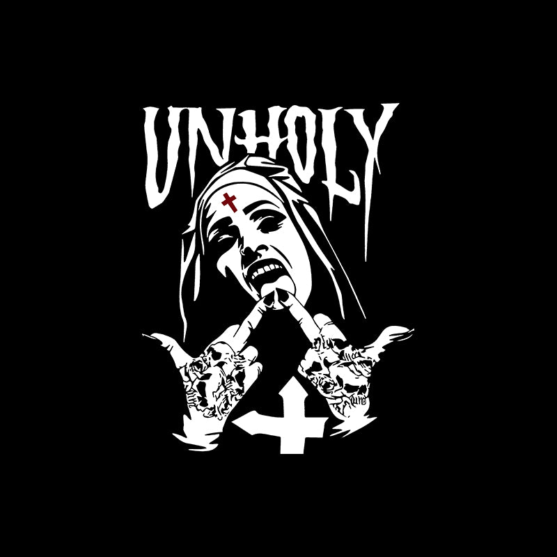 UNHOLY Nun with Crucifix on Forehead Graphic Casual Black Print T-shirt