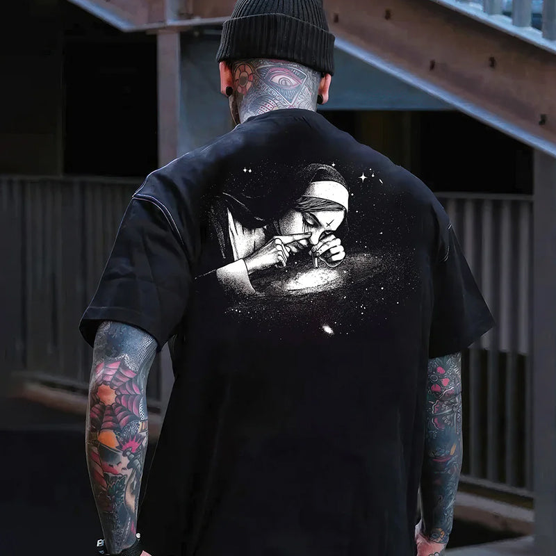 Nun Smoking Dark Style Black Print T-shirt