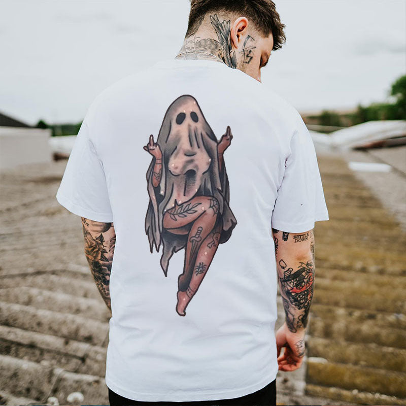 Naughty Sexy Lady Ghost with Tattoo Black Print T-shirt