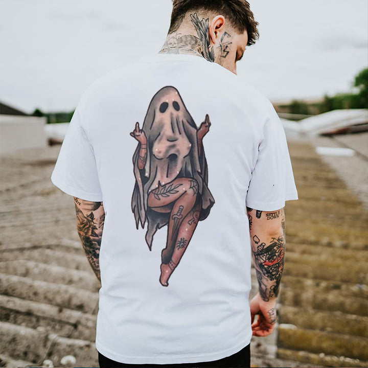 Naughty Sexy Lady Ghost with Tattoo Black Print T-shirt