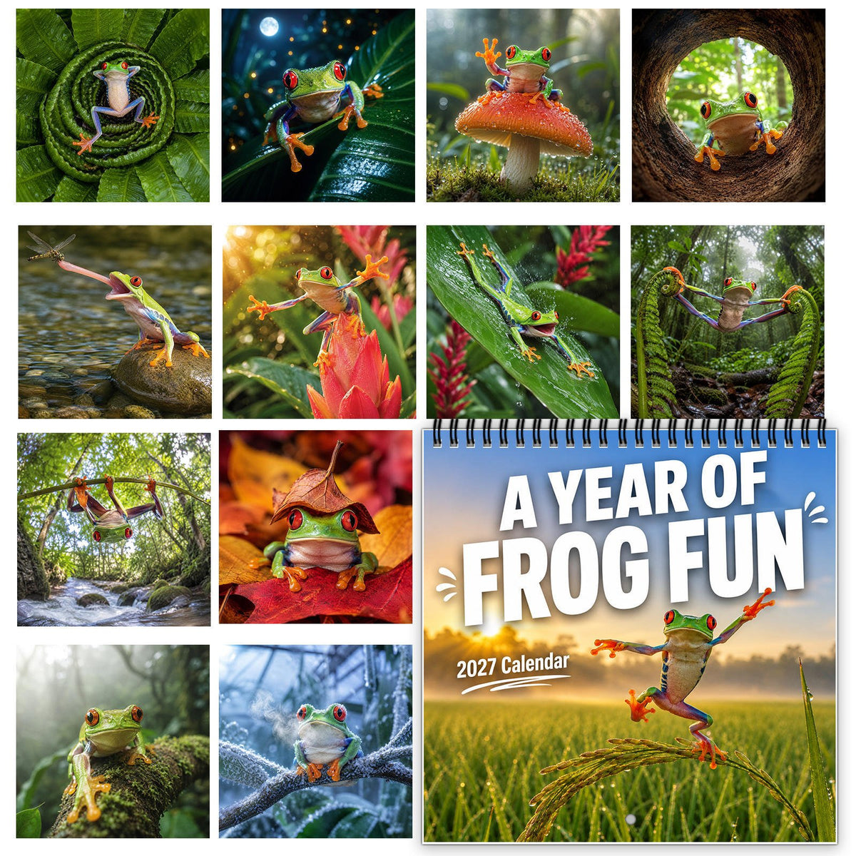 🐸 2027 Funny Frog Wall Calendar, 12-Month Spiral Planner With Notes