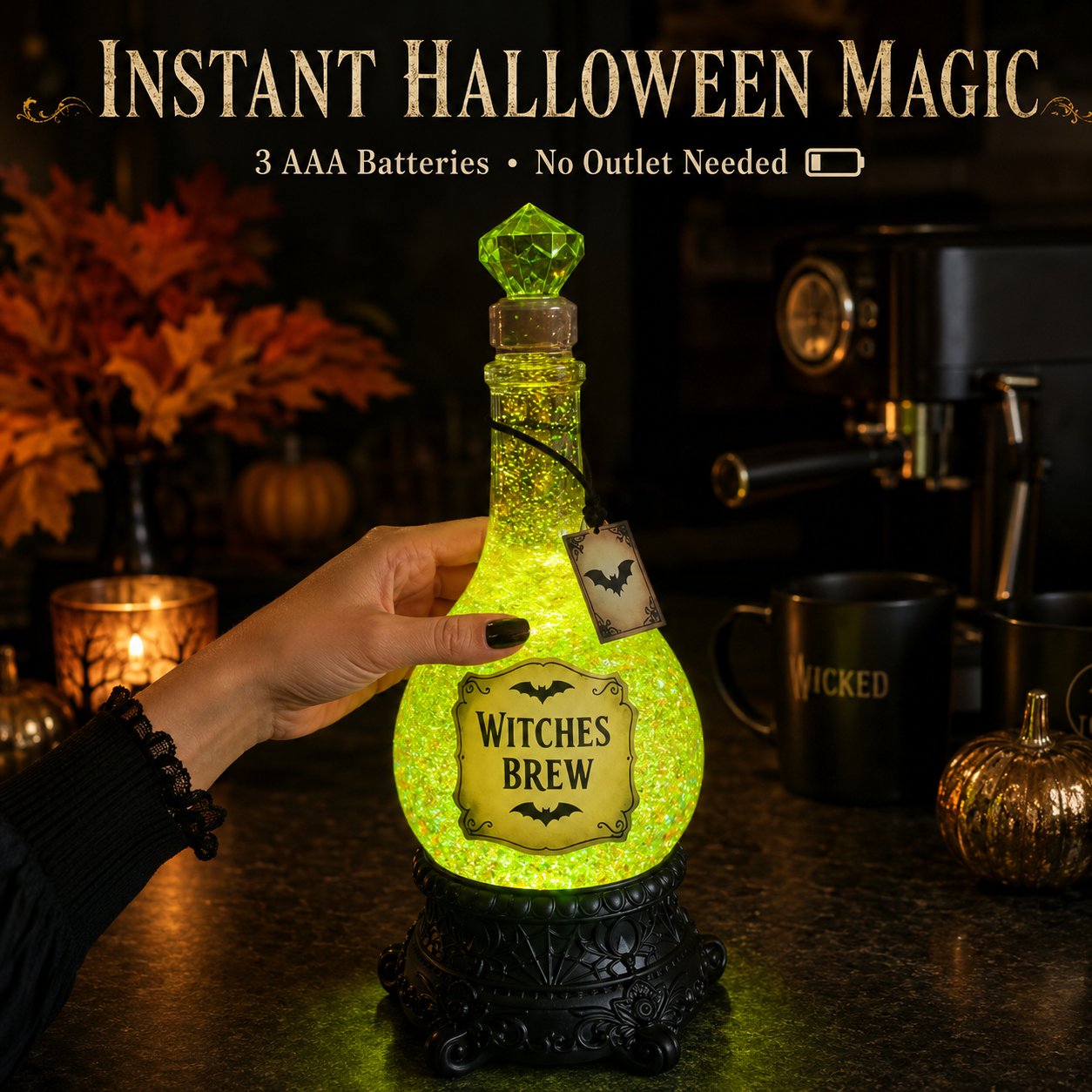 Lighted Witches' Brew Poison Bottle Glitter Globe