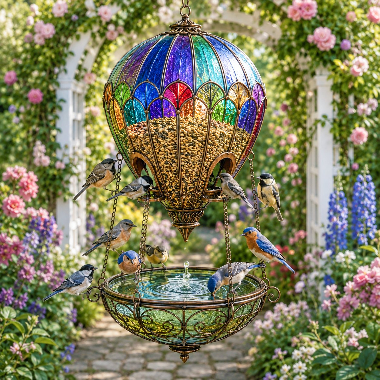 🎈🐦 Stained Glass Hot Air Balloon Bird Feeder — feed, sip, and perch all in one garden showpiece