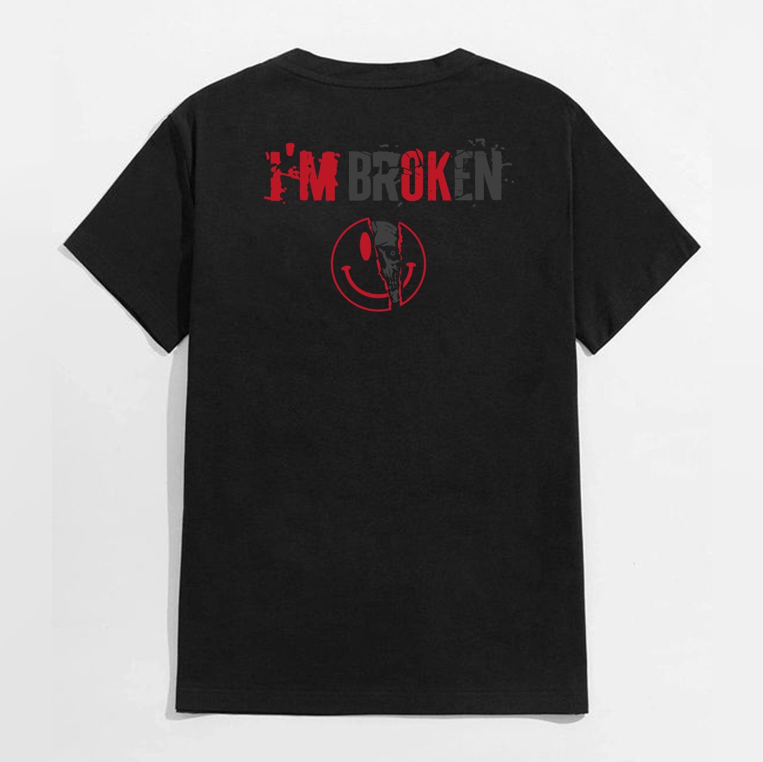 I'M BROKEN and Smiling Face Skull Graphic Casual Black and White Print T-shirt