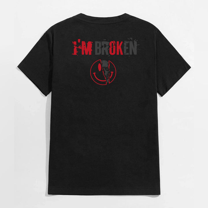 I'M BROKEN and Smiling Face Skull Graphic Casual Black and White Print T-shirt