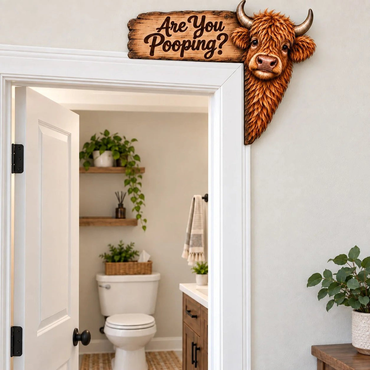 🐮 ARE YOU POOPING? 😂 Funny Highland Cow Door Topper