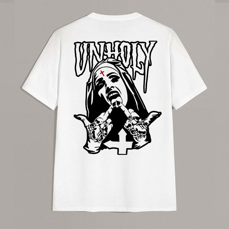 UNHOLY Nun with Crucifix on Forehead Graphic Casual Black Print T-shirt