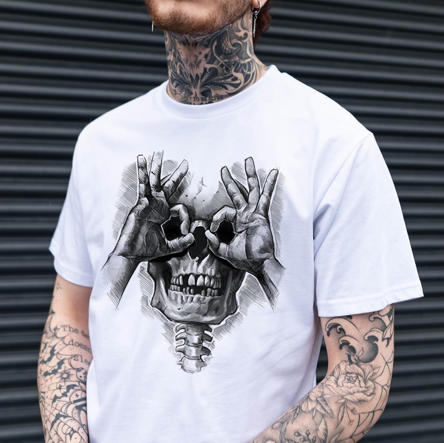 Skull with OK Pattern Graphic Casual Black Print T-shirt