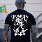 UNHOLY Nun with Crucifix on Forehead Graphic Casual Black Print T-shirt