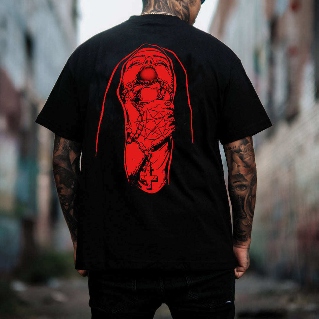 Chokehold Nun Religious Pattern Casual Black Print T-shirt